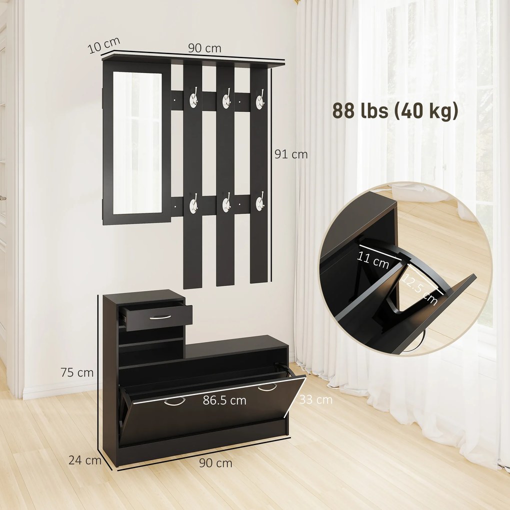 HOMCOM Dulap pentru Intrare Cuier cu Pantofar si Oglinda, Rafturi si Sertar, Dulap Cuier din PAL, 90x10x102 cm, Negru