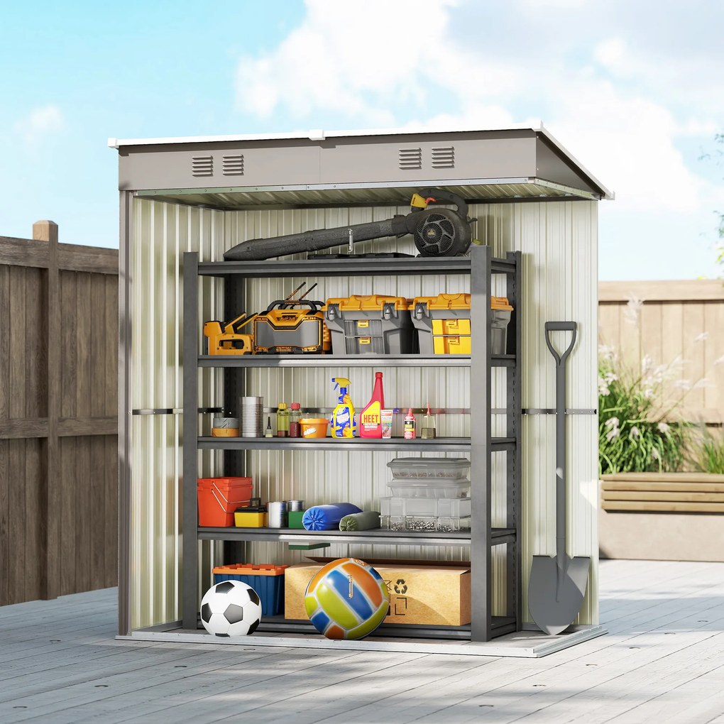 Outsunny Magazie de grădină din metal tip sprijinit 2 grile de aerisire acoperiș înclinat anti-UV 163x90x179cm Gri deschis | Aosom Romania