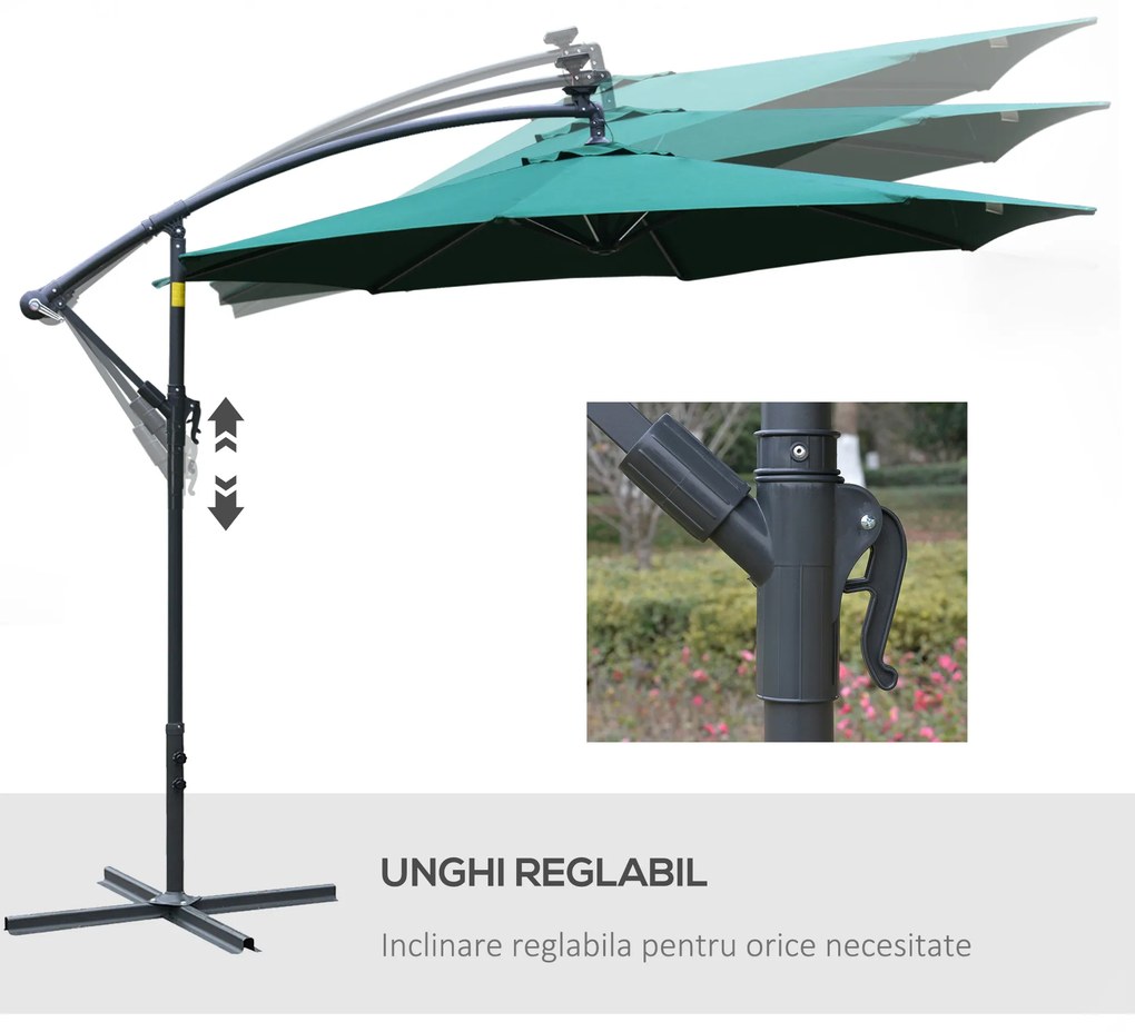 Umbrela pentru gradina Outsunny, brat cu manivela, 8 benzi LED, energie solara Φ295x245cm, Verde | Aosom Romania