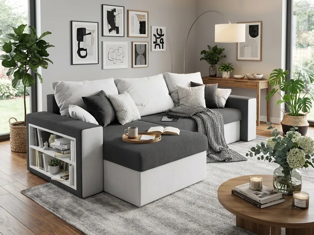 Coltar extensibil reversibil NORIX 240x140 cm, gri/alb cu polita + 2 pernute GRATIS