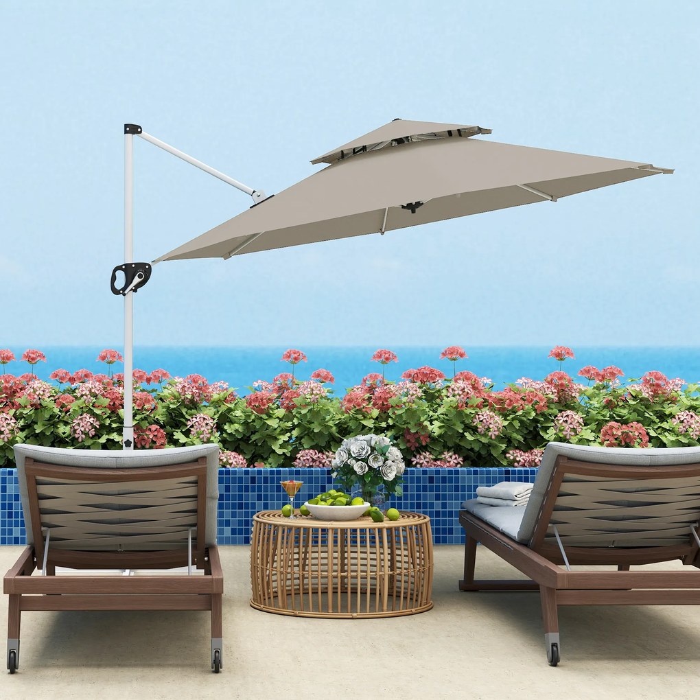 Outsunny Umbrelă suspendată 3 x 2,5 m cu manivelă, bază în formă de cruce, inclinabilă și rotativă la 360°, dublu acoperiș, gri | Aosom Romania