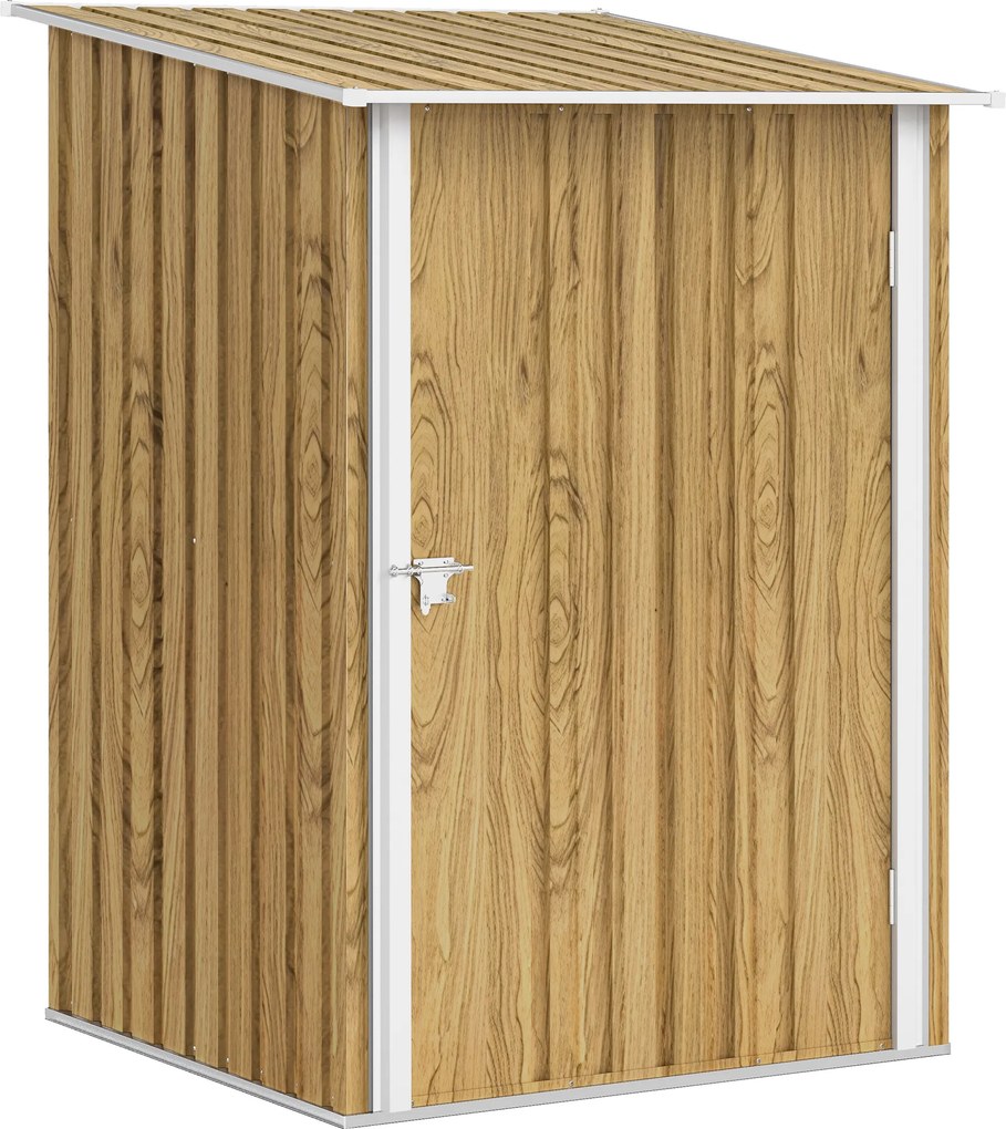 Outsunny Căsuță de Grădină 0.92m² din Oțel Galvanizat, Depozit pentru Unelte cu Ușă Blocabilă, Acoperiș Înclinat, 100x104x160 cm, Maro Deschis cu Aspect de Lemn | Aosom Romania