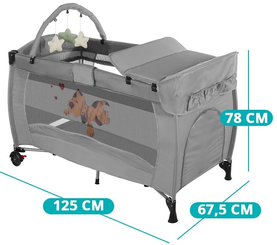Patut de calatorie cu suport de schimbat scutece si arcada de jucarii, gri