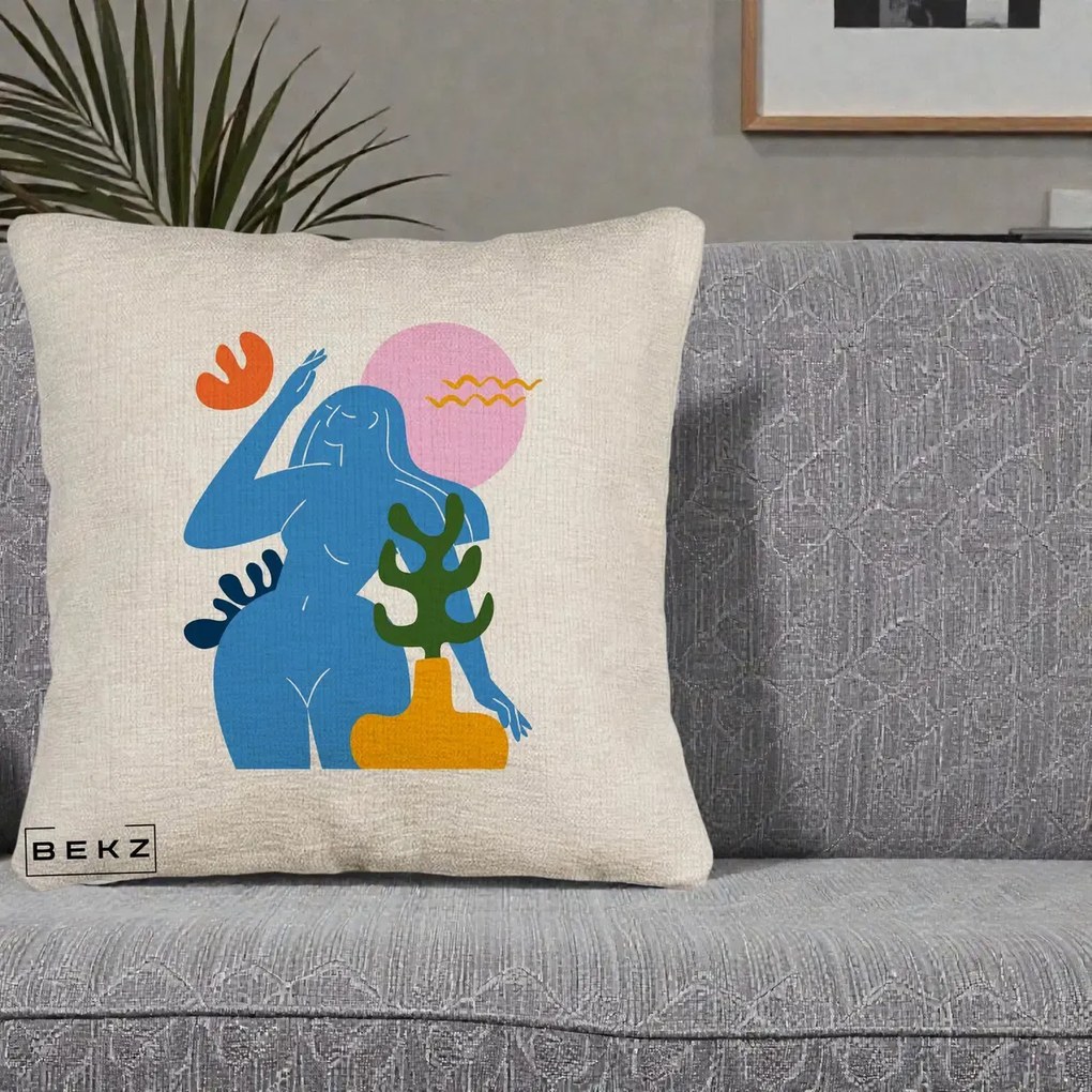 Perna Decorativa Femeie Albastra Cactus, 40x40 cm, Bej Canapea, Husa Detasabila, Perna Inclusa, BEKZ®