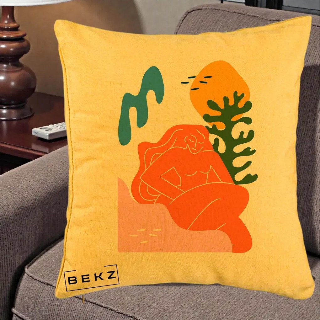 Perna Decorativa Femeie Portocalie Relaxata, 40x40 cm, Galben, Husa Detasabila, Perna Inclusa, BEKZ®
