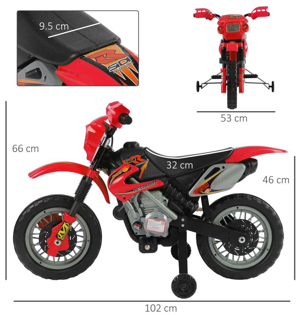 HOMCOM Motocicletă Electrică pentru Copii 3-6 Ani din Plastic cu Roți de Sprijin, Faruri și Muzică, 102x53x66 cm, Rosu și Negru | Aosom Romania