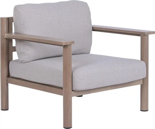 Set lounge exterior premium din aluminiu cu finisaj lemn, canapea, 2 fotolii și măsuță cu perne din olefină, „Cortina”