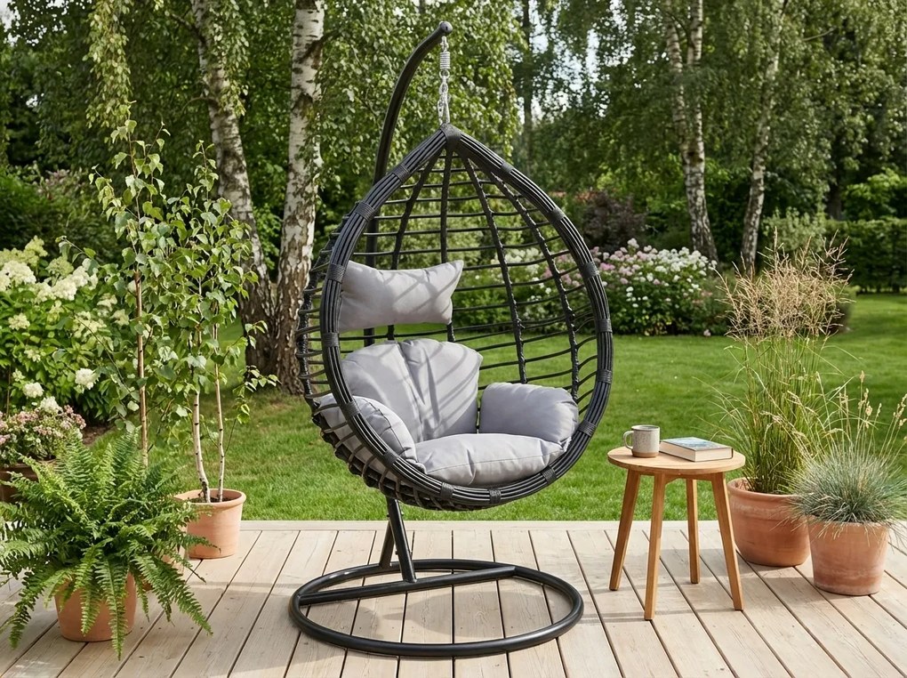 Scaun suspendat TARINO cu suport, negru/perna gri