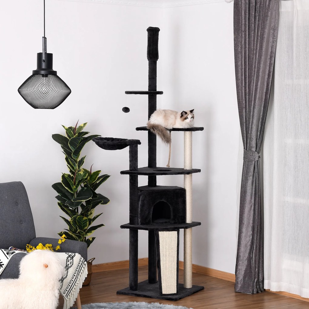 PawHut Stalp de sgariat pentru Pisici pe mai multe niveluri Inalt 210-240cm cu Cusca si Hamac