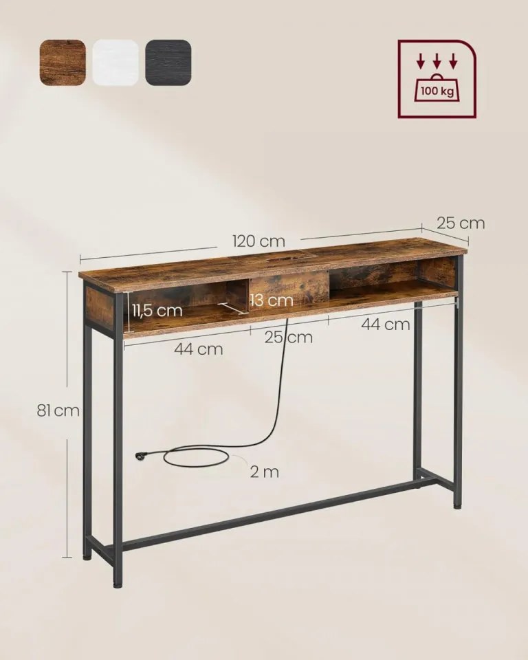 Consola cu spatiu de incarcare, 120 x 25 x 81 cm, PAL / metal, maro, Vasagle