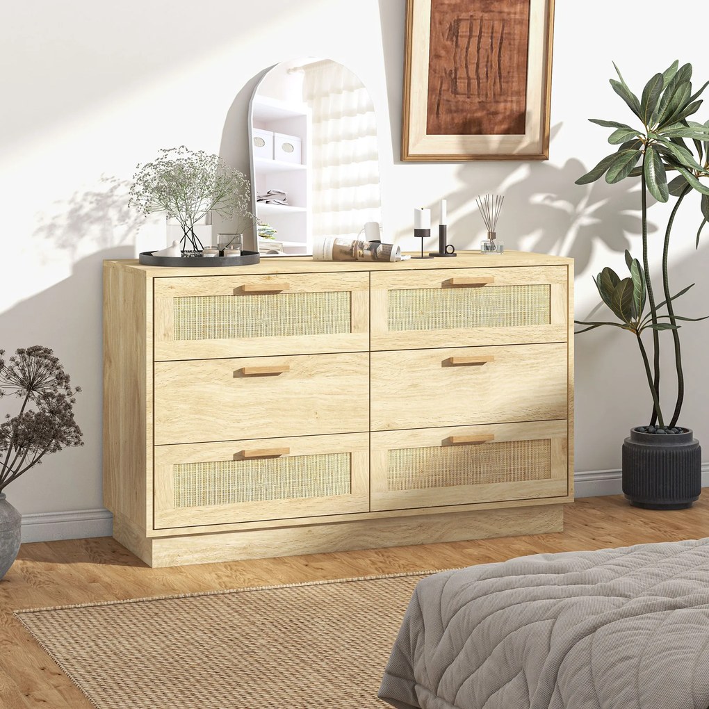 HOMCOM cu 6 sertare în stil Boho pentru dormitor și hol, din lemn și rattan, 110x40x69 cm, Stejar | Aosom Romania