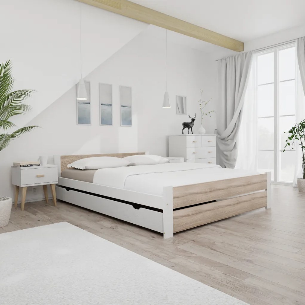Pat dublu Culoare alb/stejar sonoma, IKAROS DOUBLE 160 x 200 cm Saltele: Cu saltele Deluxe 10 cm, Somiera pat: Cu lamele drepte