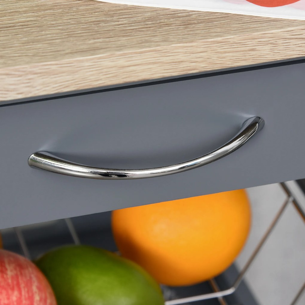 HOMCOM Servitoră de bucătărie pe roți cu panier + 2 tăvi detașabile, sertar, raft in lemn stejar deschis | Aosom Romania