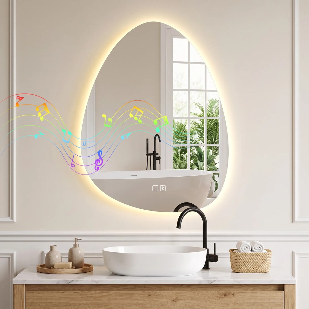 HOMCOM Oglindă de baie cu LED, 3 culori, 60x80 cm, neregulată, Bluetooth, antiaburire, touch | Aosom Romania