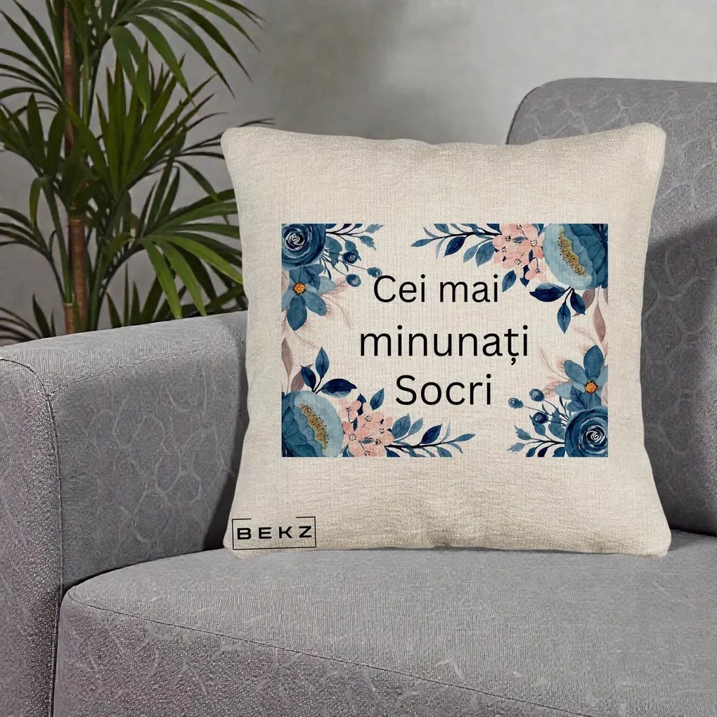 Cadou pentru Socri - Perna Personalizata Cei mai Minunati Socri cu Flori Albastre si Roz, 40x40 cm, Bej Canapea, Husa Detasabila, Perna Inclusa, BEKZ®