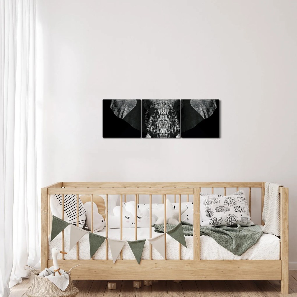 Tablou - Elefant pe fundal negru (cu ceas) (90x30 cm)