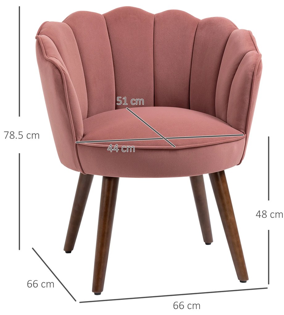 HOMCOM Fotoli captusit cu spatar tip scoica si picioare din lemn, 66x66x78.5cm, Roz | Aosom Romania