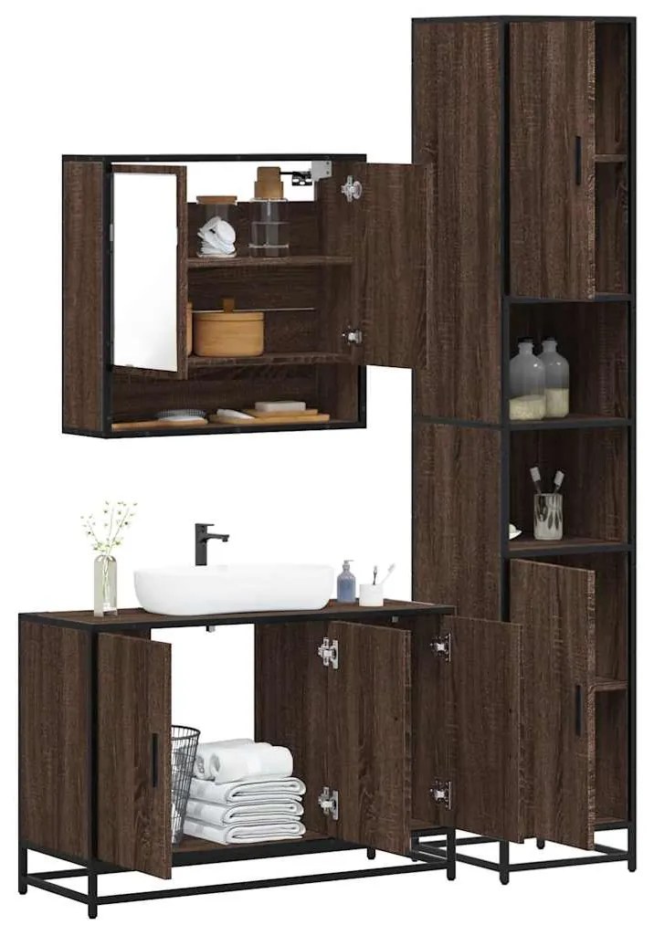 vidaXL Set mobilier de baie, 3 piese, stejar maro, lemn prelucrat