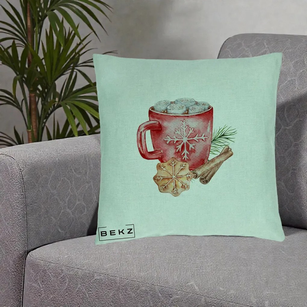 Perna Decorativa Cacao de Iarna cu Biscuit, 40x40 cm, Verde Menta, Husa Detasabila, Perna Inclusa, BEKZ®