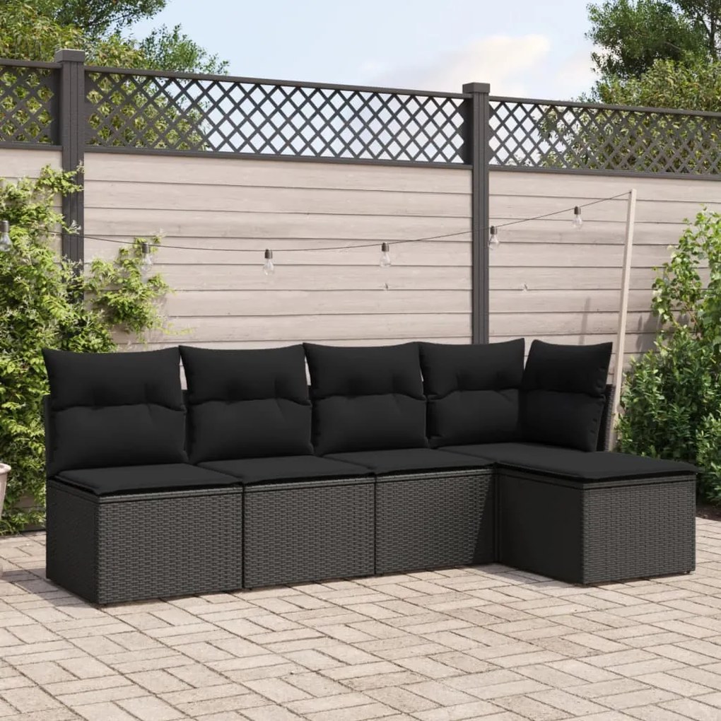 3217515 vidaXL Set mobilier de grădină cu perne, 5 piese, negru, poliratan