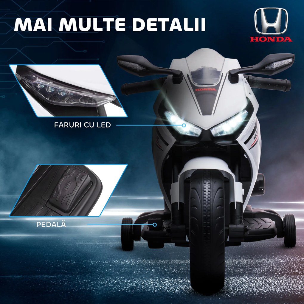 HOMCOM Motocicletă Electrică pentru Copii cu Baterie Reîncărcabilă de 6V, Viteză 3 km/h și Muzică, 90x44x52 cm, Alb | Aosom Romania