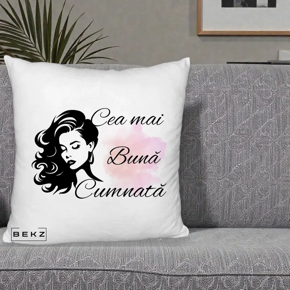 Cadou pentru Cumnata - Perna Personalizata Cea mai Buna Cumnata cu Silueta Dama si Pete Roz, 40x40 cm, Alb Pufos, Husa Detasabila, Perna Inclusa, BEKZ®