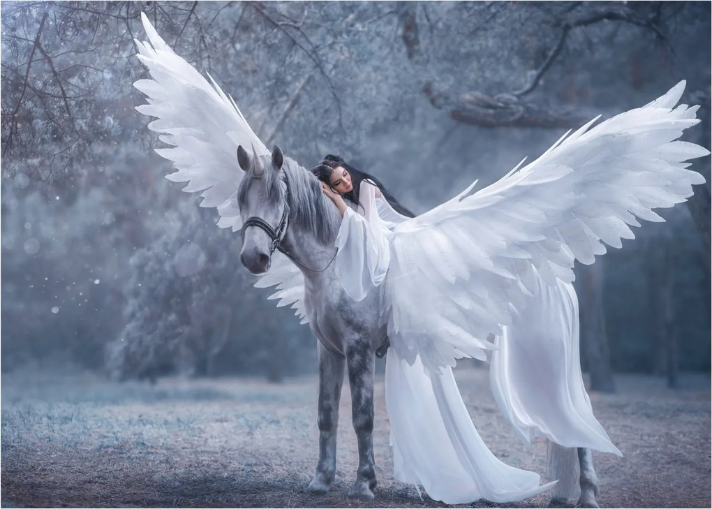 Tablou pe sticlă - Fata și unicorn (70x50 cm)