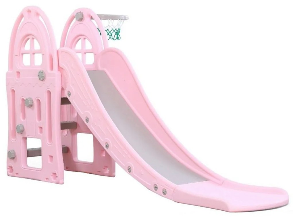 Tobogan Pentru Copii NOVOKIDS™ Happy Mega Slide, Pentru Interior si Exterior, 187 centimetri panta alunecare, Maxim 50 Kg, Cos de baschet inclus, Roz