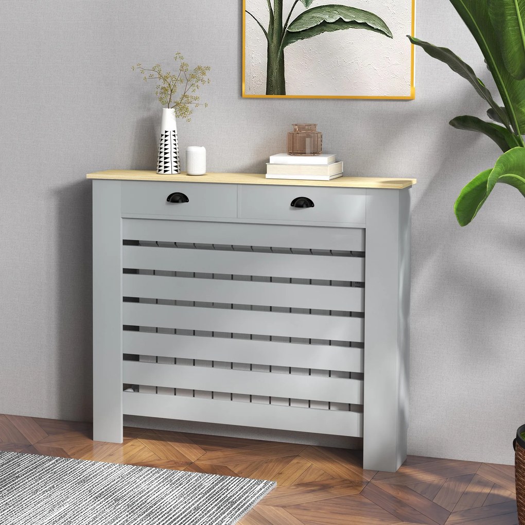 HOMCOM Acoperiș pentru calorifer din MDF cu doghe, cu 2 sertare, 111x19x95.5 cm, Gri | Aosom Romania