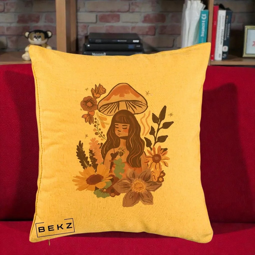 Perna Decorativa Fata Ciuperca Boho Florala, 40x40 cm, Galben, Husa Detasabila, Perna Inclusa, BEKZ®