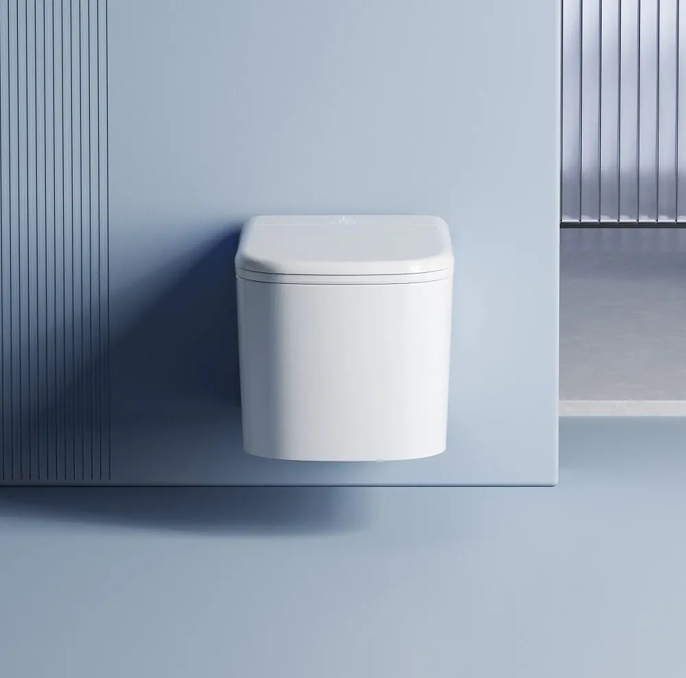 Vas WC Inteligent Suspendat cu Rezervor Integrat, Afișaj LED, Telecomandă, Sterilizare UV, Deschidere/Închidere automată, funcționare senzor picior, Control inteligent al Temperaturii, Uscare aer cald, Iluminare de noapte, Suspendat, Ceramică, Alb