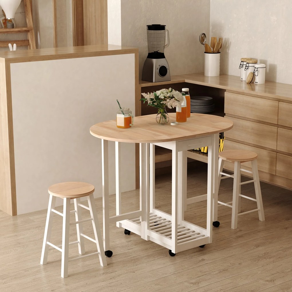 HOMCOM Set Mobilier Bucătărie 3 Piese Masa Pliabilă 2 Scaune de Bar Carucior cu 6 Roti Design Modern Alb și Lemn | Aosom Romania