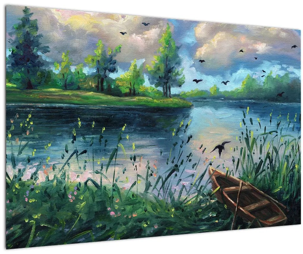 Tablou- Pictură în ulei, seară de vară lângă lac (90x60 cm)