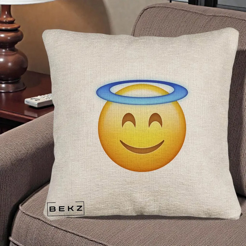 Perna Decorativa Emoji Inger cu Aureola, 40x40 cm, Bej Canapea, Husa Detasabila, Perna Inclusa, BEKZ®