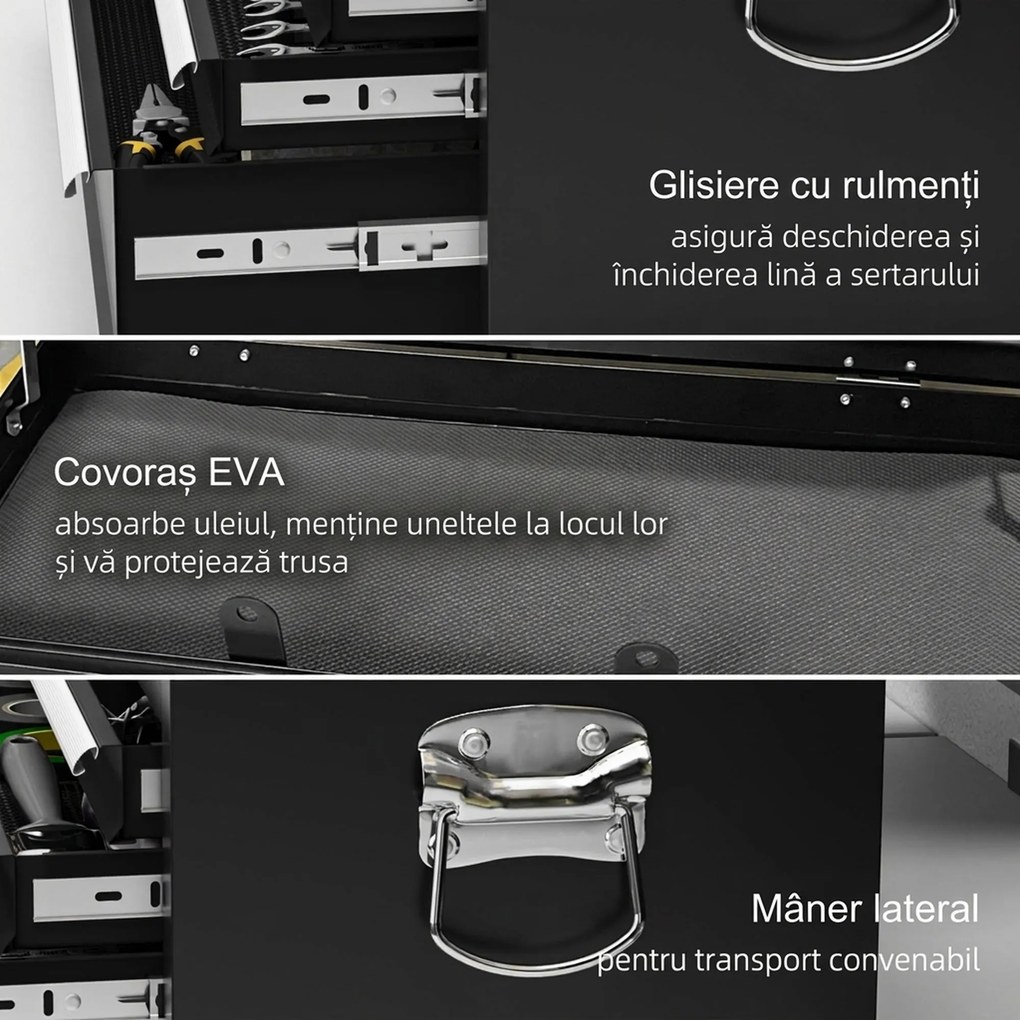 HOMCOM Comodă pentru Scule Portabilă, Cutie Metalică cu Carcasă Superioară și Glisiere pe Rulmenți cu Bile, 60x26x34 cm, Negru | Aosom Romania