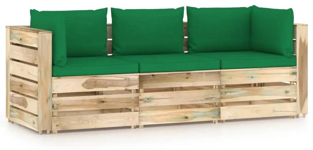 Canapea de gradina cu 3 locuri, cu perne, lemn verde tratat Verde, Canapea cu 3 locuri, 1