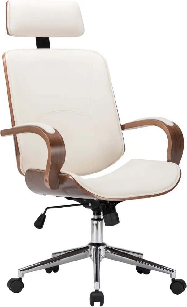 vidaXL Scaun de birou rotativ, crem, piele ecologică și lemn curbat