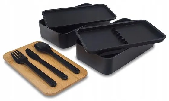 Cutie de pranz DUO LUNCH cu tacamuri, negru/bambus