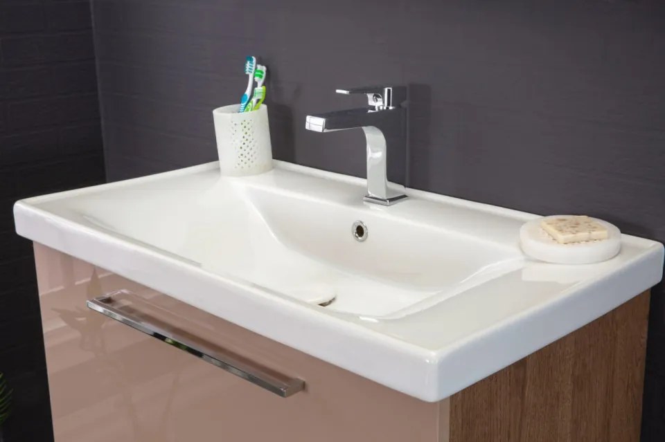 Set Mobilier Baie Cappadocia, Include Baza Lavoar, Lavoar și Oglinda, 80 cm, Cappuccino