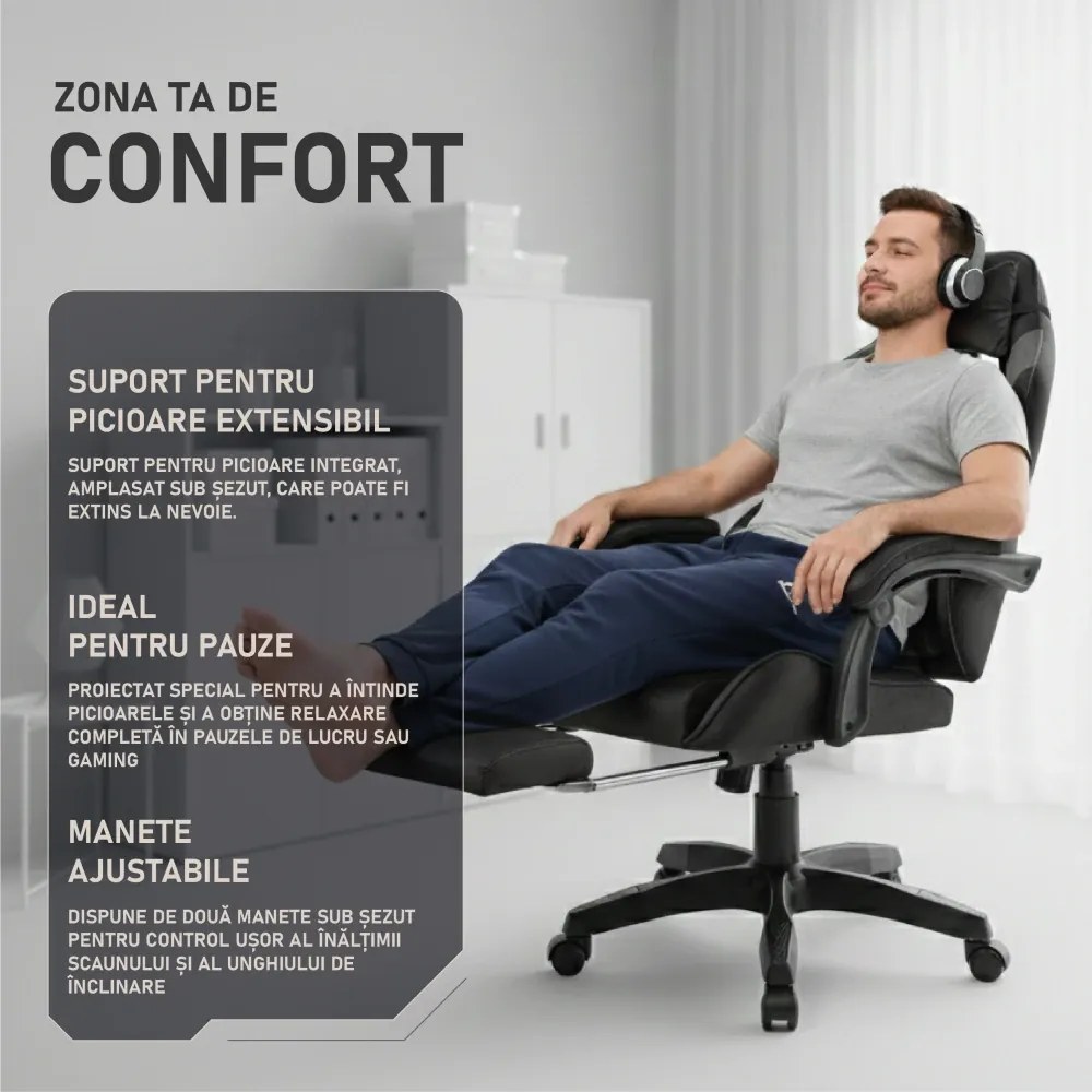 Scaun gaming, masaj în perna lombară, suport picioare, PU, Negru/Gri
