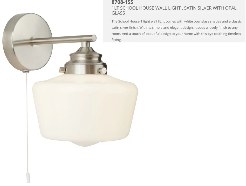 Aplica de perete baie design clasic IP44 School House argintiu satin 8708-1SS SRT