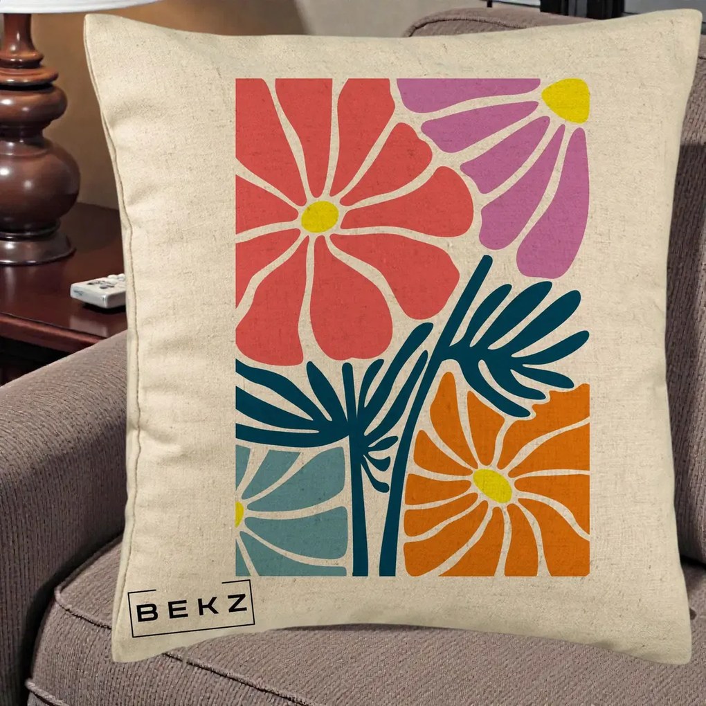 Perna Decorativa Flori Grafice Roz-Orange-Albastru, 40x40 cm, Bej, Husa Detasabila, Perna Inclusa, BEKZ®
