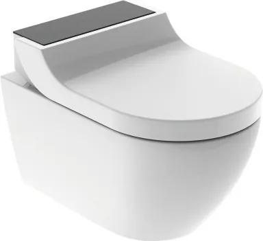 Set vas WC suspendat Geberit AquaClean Tuma Comfort, capac inchidere lenta, functie bideu electric, ornament sticla neagra