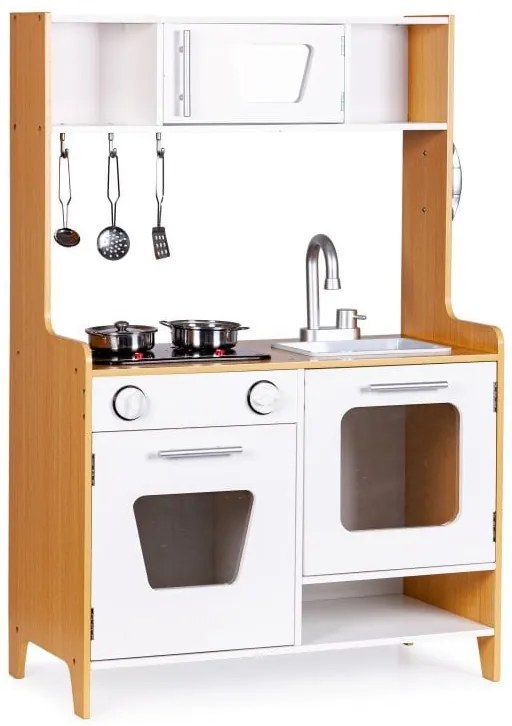 Bucatarie din lemn pentru copii cu lumini, sunete si accesorii metalice