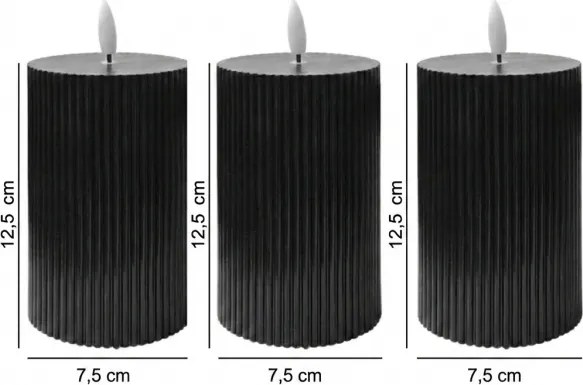 Set de 3 lumânări LED BRILLO, 12,5 cm, negre, alimentate cu 2x AA, cu telecomandă