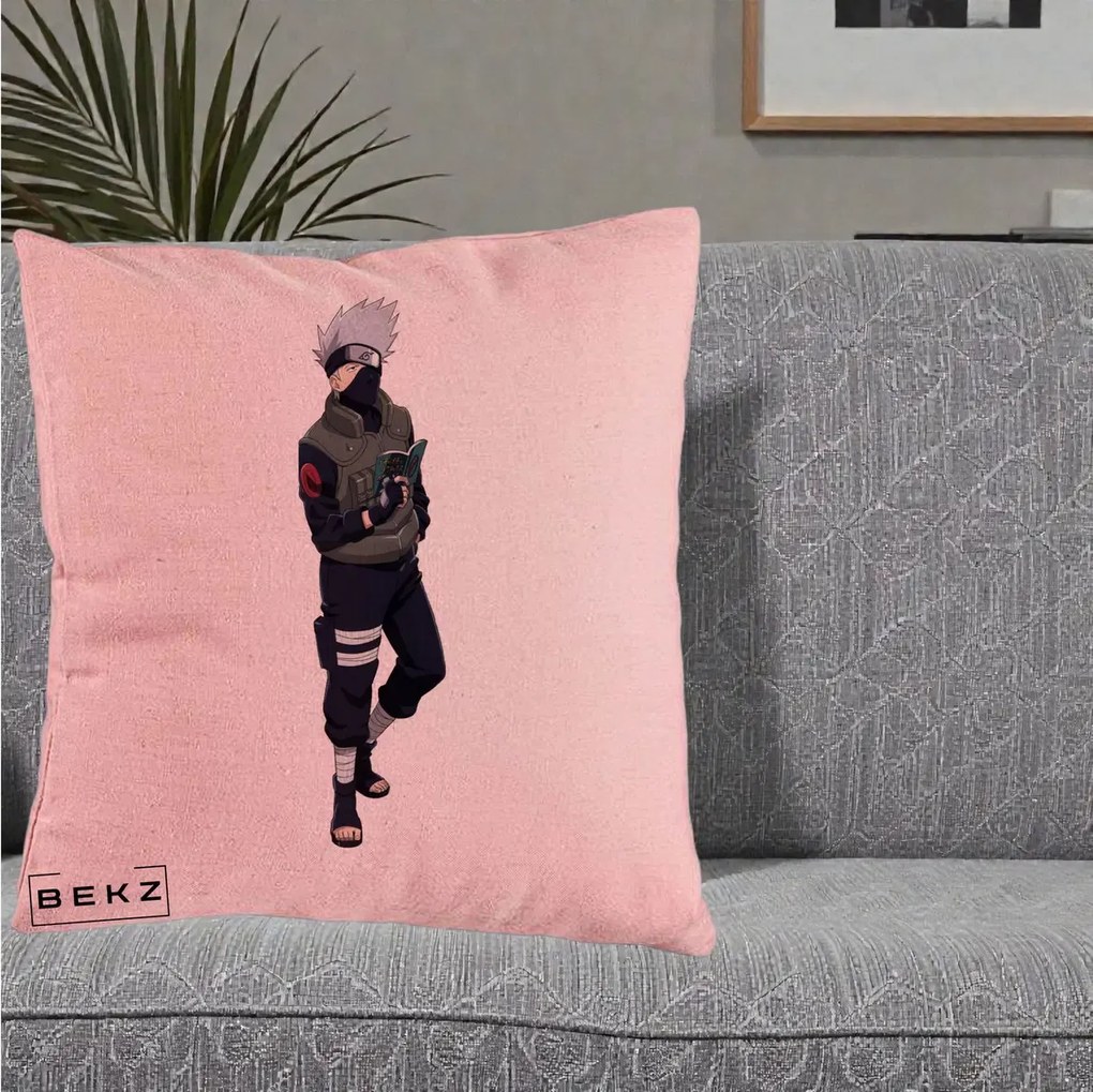 Perna Personalizata Naruto Kakashi Hatake Portret Complet, 40x40 cm, Roz, Husa Detasabila, Perna Inclusa, BEKZ®