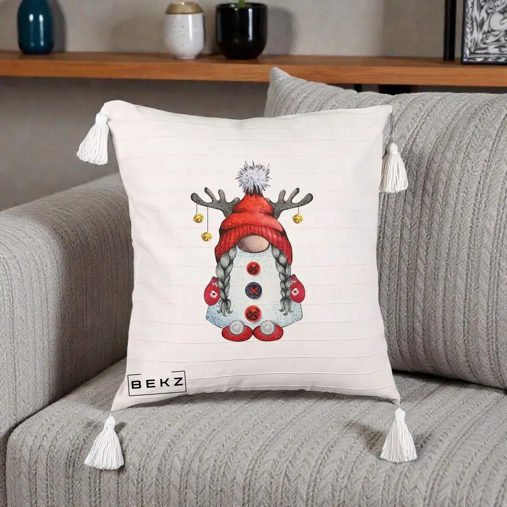 Perna Decorativa Pitic Gnom Craciun cu Coarne de Ren, 40x40 cm, Bej cu Franjuri, Husa Detasabila, Perna Inclusa, BEKZ®