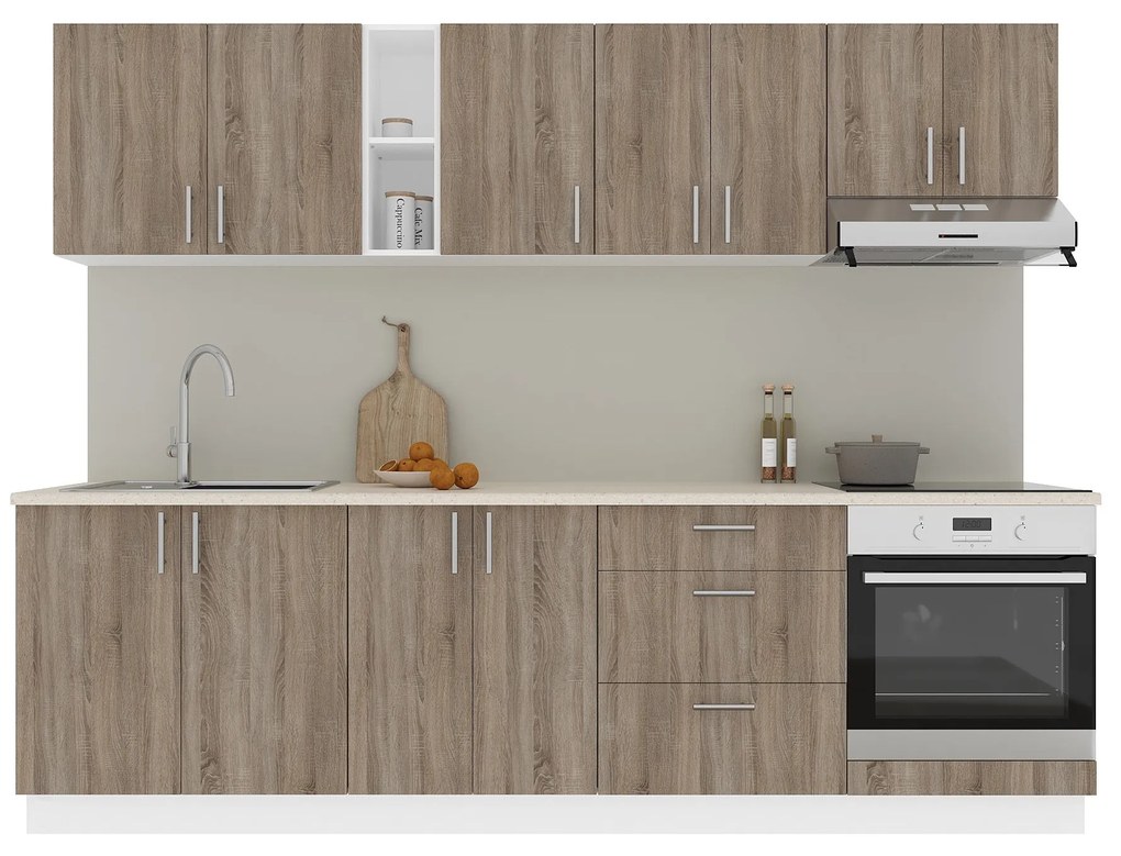 Set Bucatarie Karo V18, Stejar Sonoma Inchis/Alb, Blat Thermo 28 mm, L 260 cm