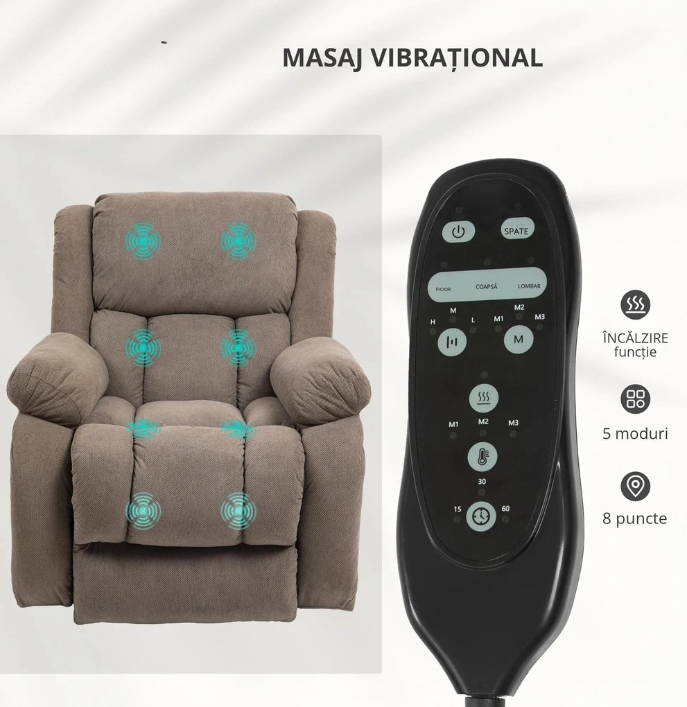 HOMCOM Fotoliu Rabatabil până la 150° cu 8 Puncte de Masaj, 2 Telecomenzi și Suport pentru Picioare, 93x104x100 cm, Maro | Aosom Romania