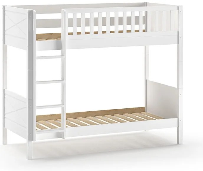 Pat supraetajat pentru copii SCOTT, alb, 90 x 200 cm, din pin scandinav și MDF, cu somiere incluse și sertar mare pentru loc de dormit suplimentar –